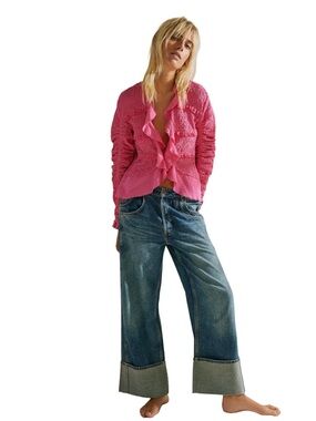 Free People We The Free Demi Jacket Hot Pink Ruffle Textured Blazer M Raw Hem